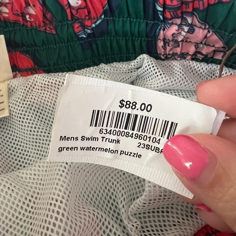 NWT Pink Chicken Blue Rooster Men’s Watermelon Puzzle Swim Trunks in size XL